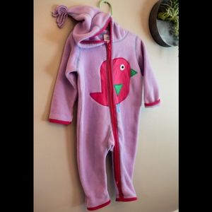 Hanna Andersson purple zip up fleece with feet and hood EUC